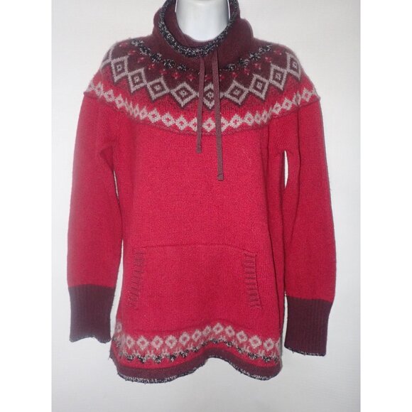 Eddie Bauer Nordic Red Wool Mohair Pullover Sweater Casual Pocket Cowl‎ Neck - Picture 1 of 7